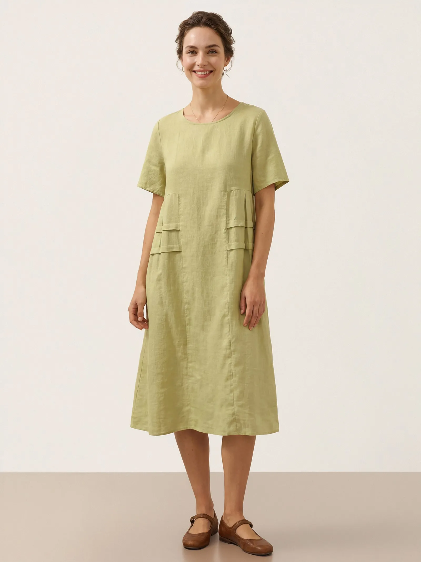 100% Linen Pleated Crew Neck Midi Dress MILA sold by Lintico