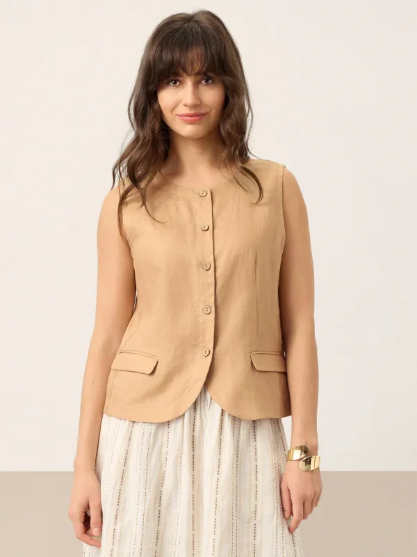 100% Linen Cinch-Back Sleeveless Tailored Vest BRONWYN made by Lintico