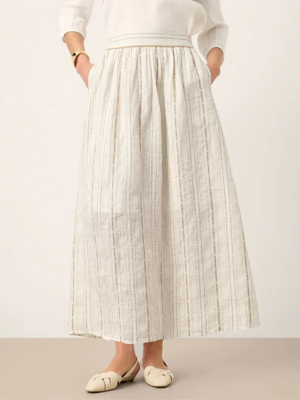 Linen Striped Contrast Trim A-Line Bohemian Skirt with Lining ISMERIE sold by Lintico