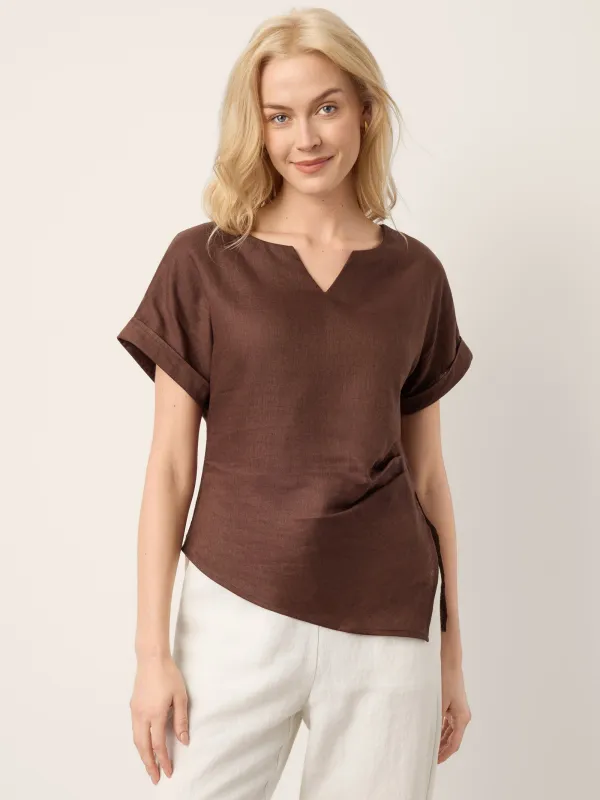 100% Linen Asymmetric Hem Side Gathered Split-Neck Top MINERVA sold by Lintico