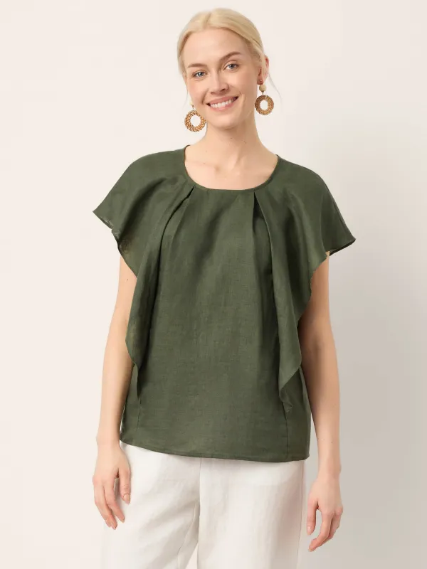 100% Linen Flutter Sleeve Sculpted Pleat Top DRUSILLA made by Lintico
