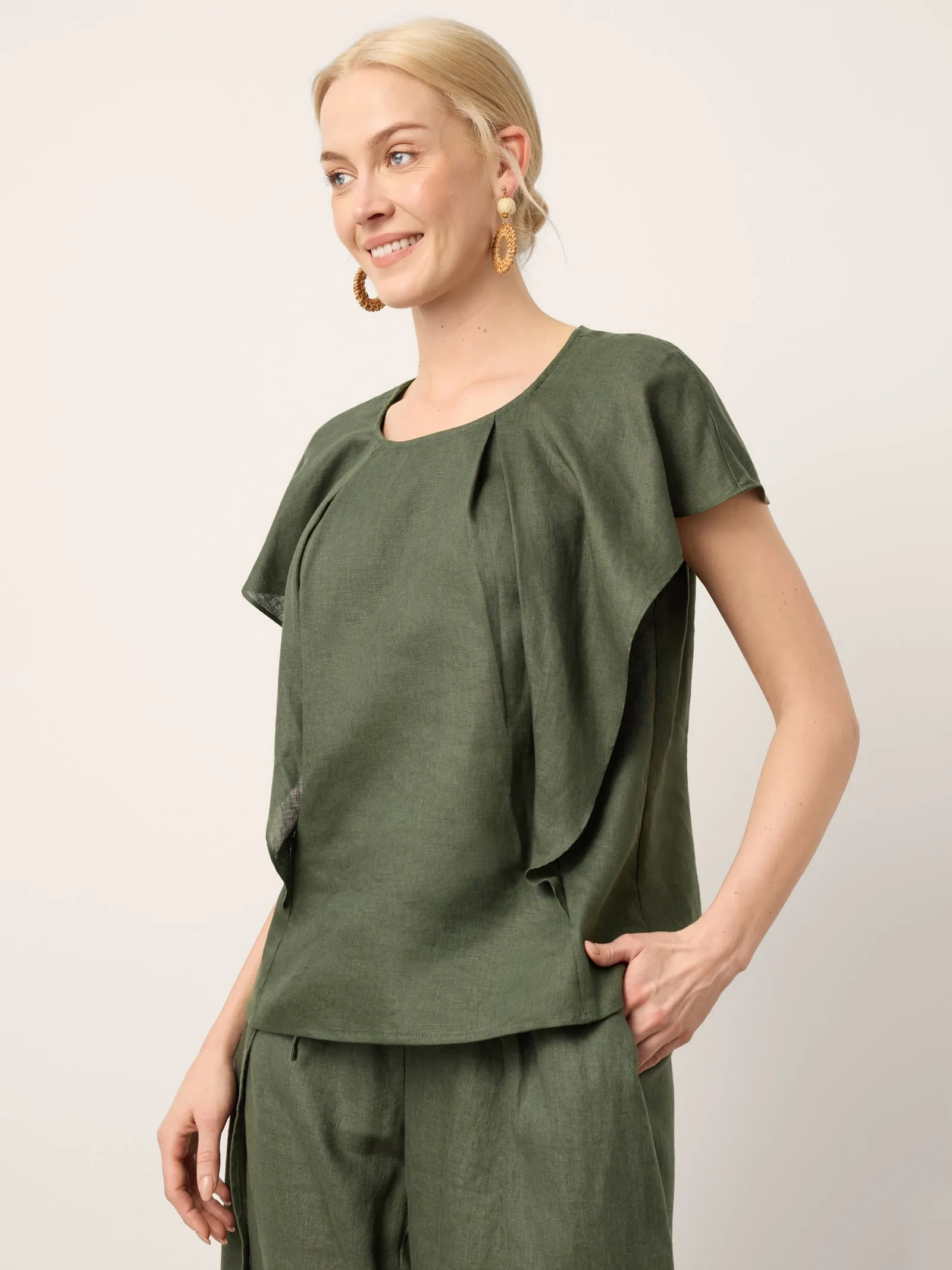 100% Linen Flutter Sleeve Sculpted Pleat Top DRUSILLA sold by Lintico product image thumbnail 5