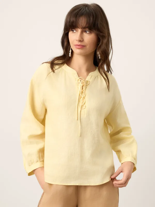 100% Linen Lace-Up Shirred Lantern Sleeve Blouse DOROTHEA made by Lintico
