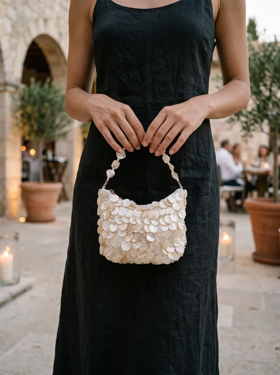 Beaded Shell Evening Bag Elegant Pearl Disc Shoulder Clutch for Party Wedding sold by Lintico product image thumbnail 2