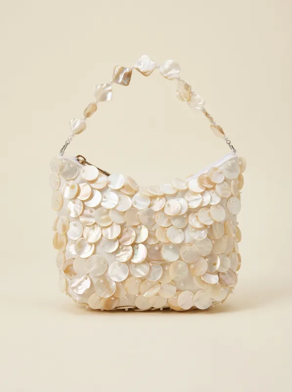 Beaded Shell Evening Bag Elegant Pearl Disc Shoulder Clutch for Party Wedding made by Lintico