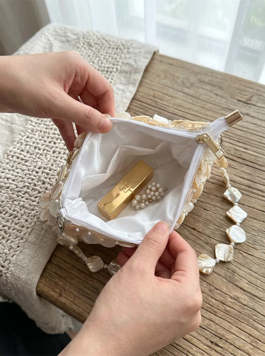 Beaded Shell Evening Bag Elegant Pearl Disc Shoulder Clutch for Party Wedding sold by Lintico product image thumbnail 3