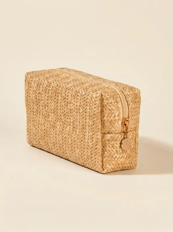 Vintage Woven Straw Makeup Bag Travel Cosmetic Toiletry Organizer Pouch made by Lintico
