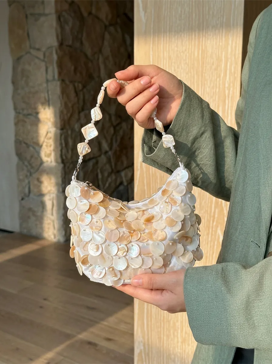 Luxe Handcrafted Mother of Pearl Disc Clutch for Special Occassion & Summer Vacations sold by Lintico product image thumbnail 5