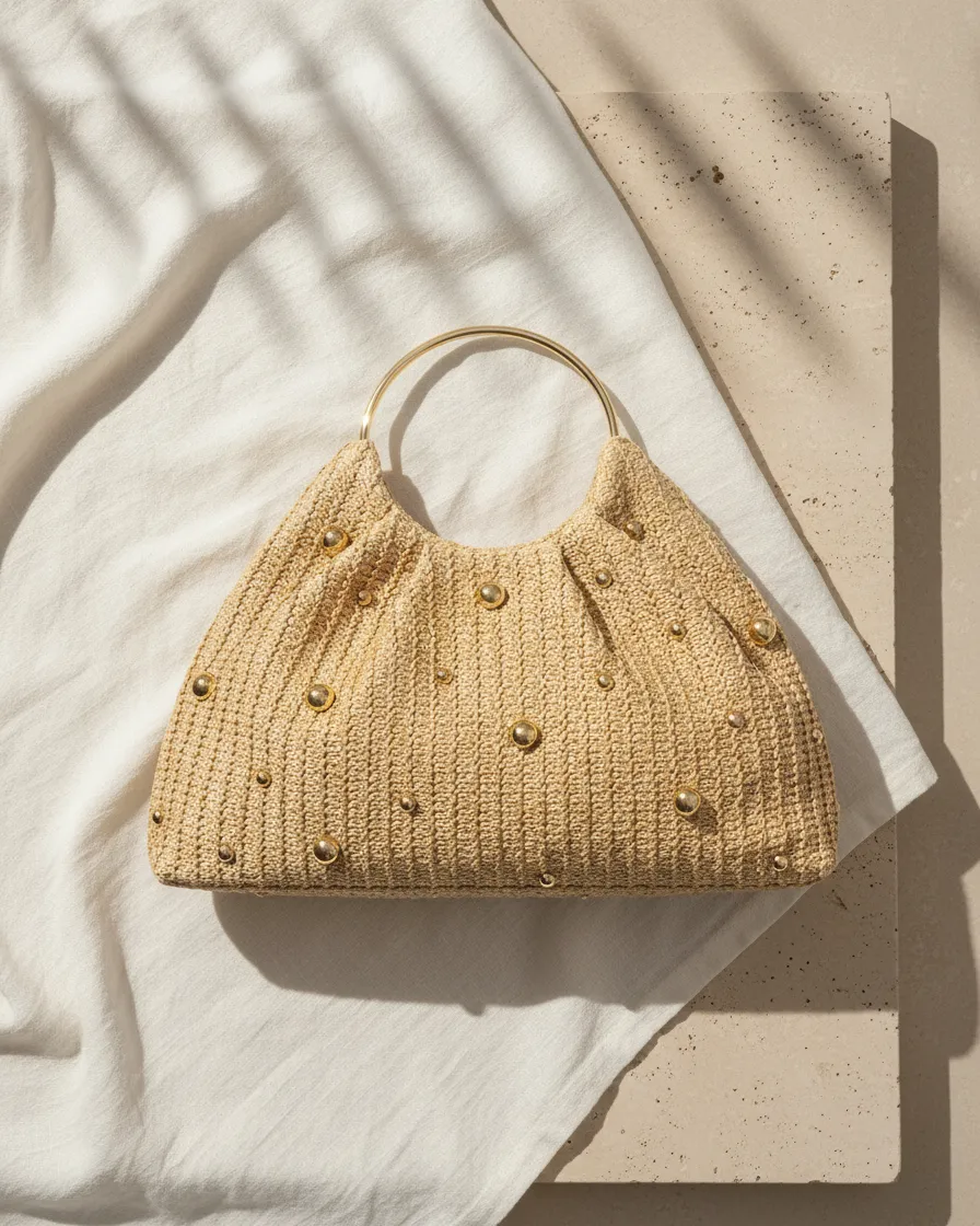Artisanal Studded Handwoven Raffia Bag with Sculptural Gold Ring Handle sold by Lintico product image thumbnail 5