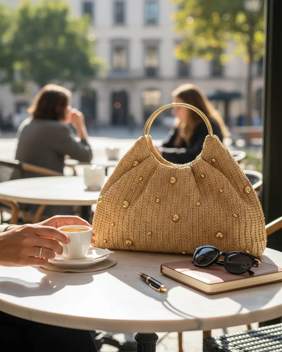 Artisanal Studded Handwoven Raffia Bag with Sculptural Gold Ring Handle sold by Lintico product image thumbnail 4