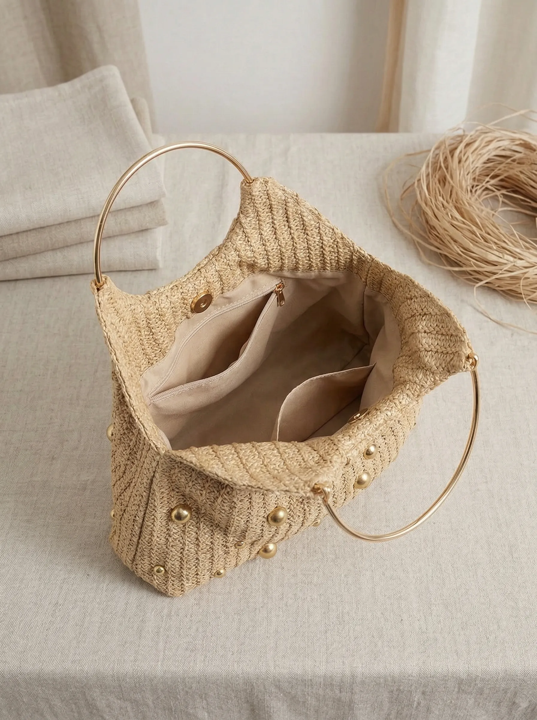 Artisanal Studded Handwoven Raffia Bag with Sculptural Gold Ring Handle sold by Lintico product image thumbnail 3