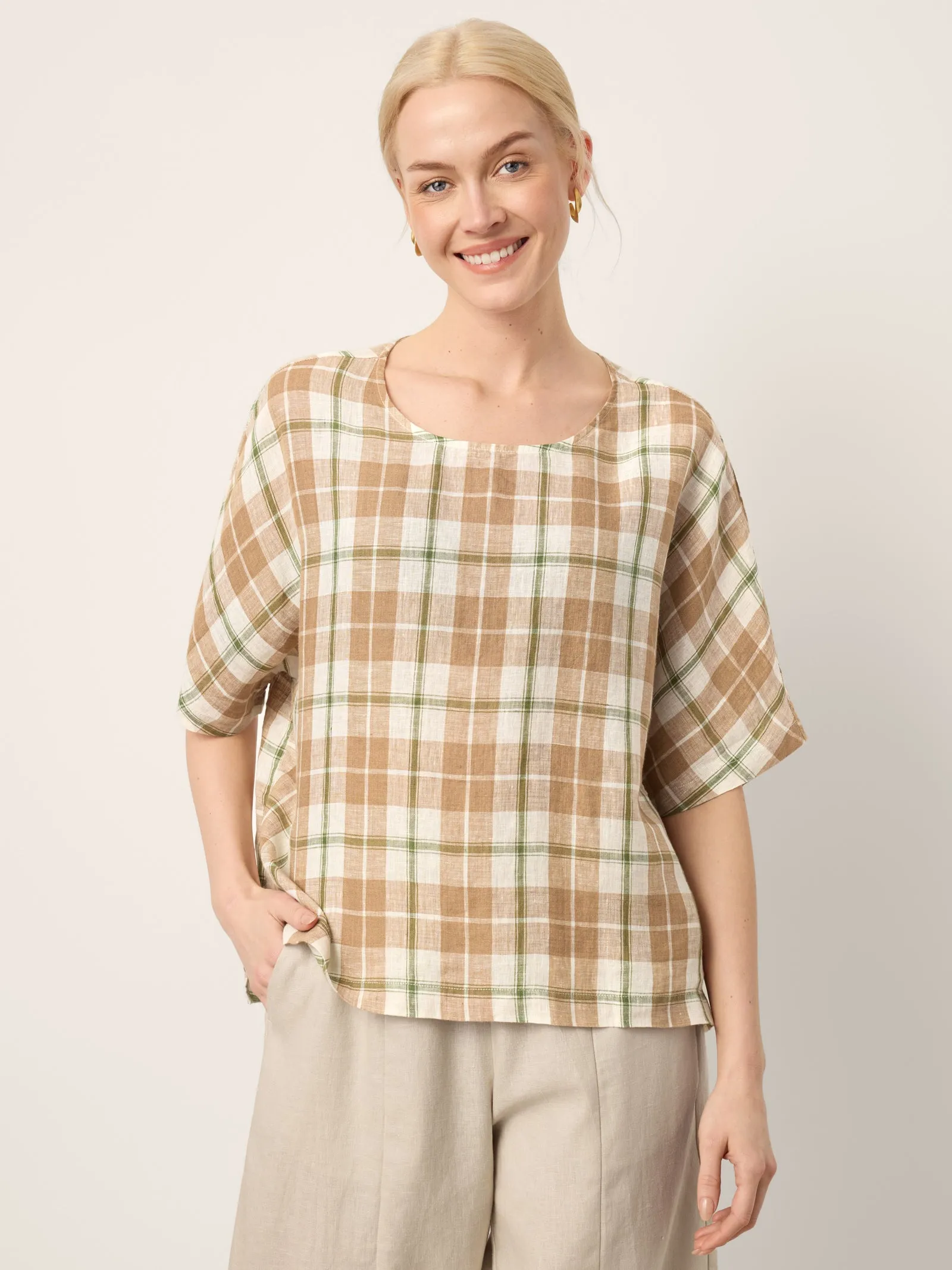 100% Linen Plaid Drop Shoulder Side Slit Top LORNA sold by Lintico