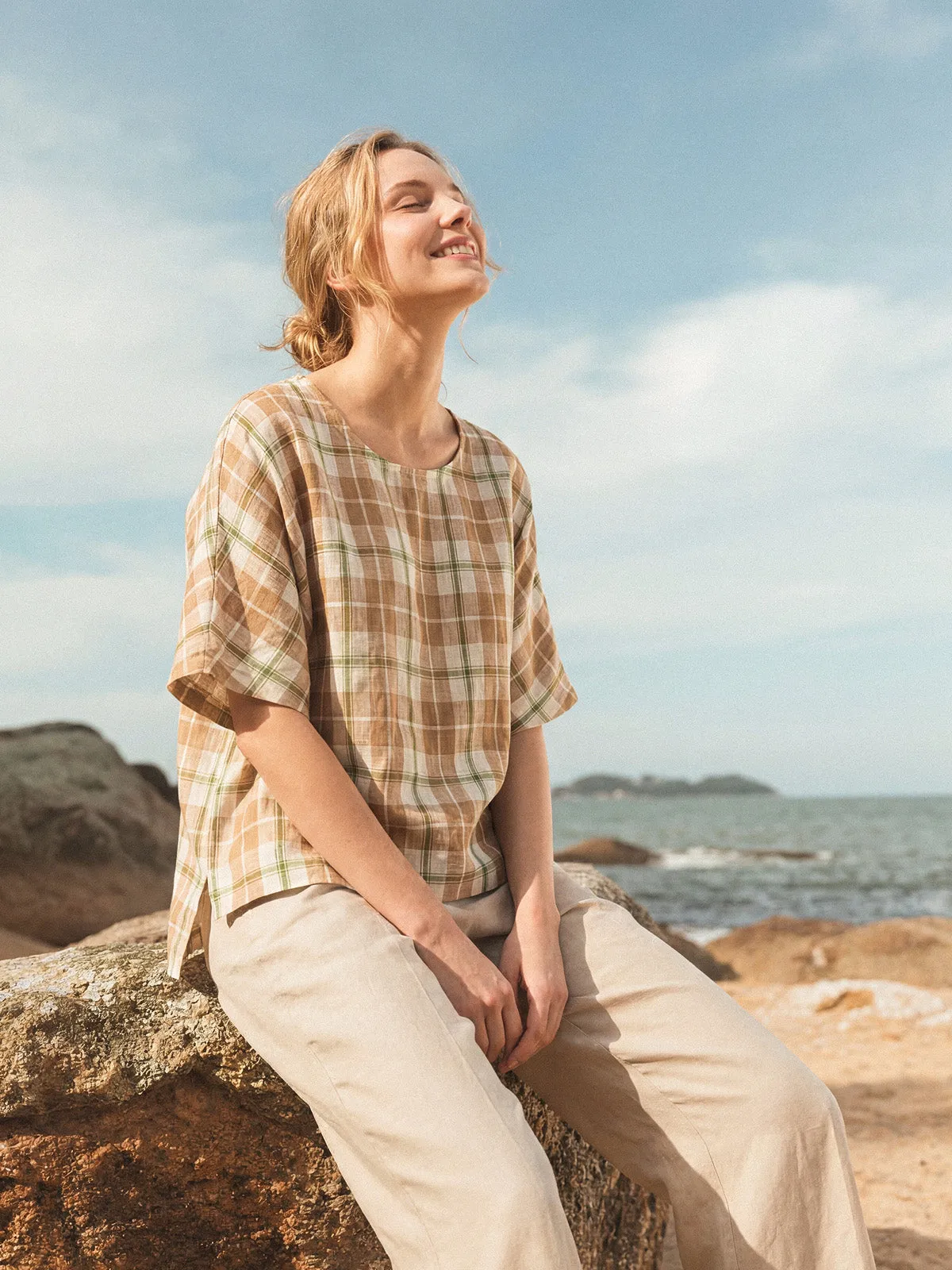 100% Linen Plaid Drop Shoulder Side Slit Top LORNA sold by Lintico product image thumbnail 2