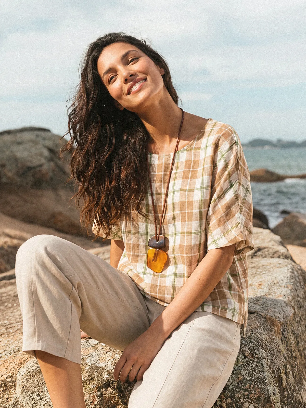 100% Linen Plaid Drop Shoulder Side Slit Top LORNA sold by Lintico product image thumbnail 3