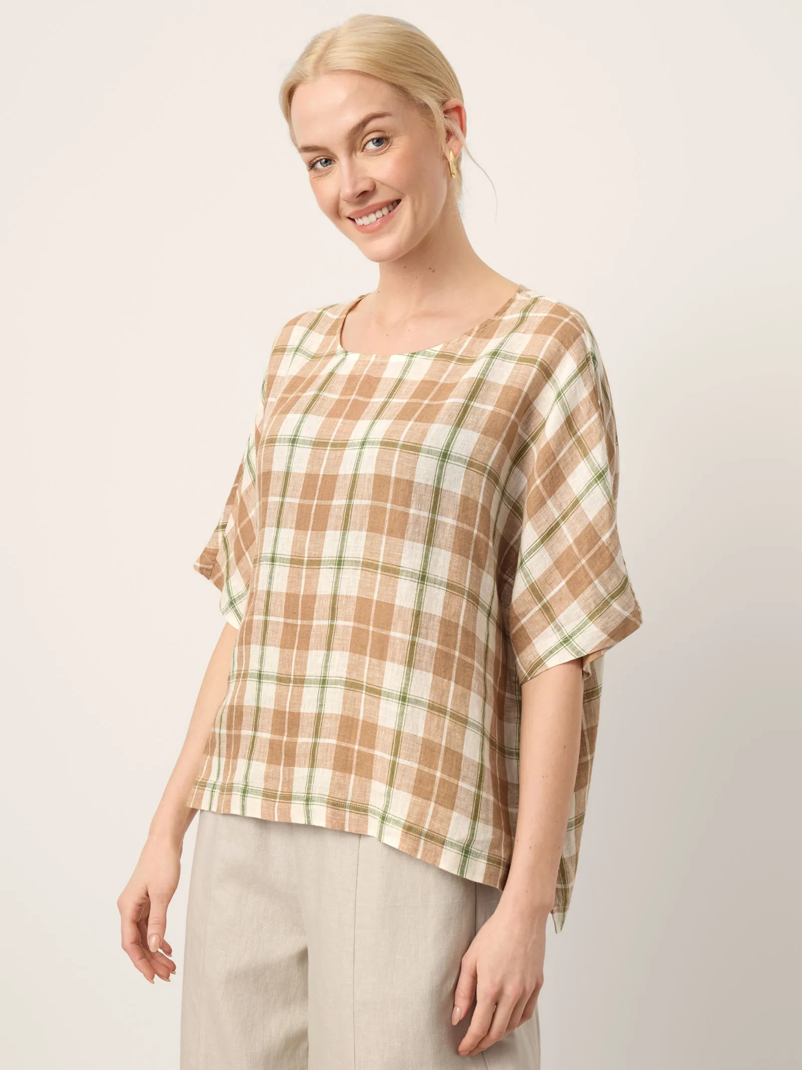 100% Linen Plaid Drop Shoulder Side Slit Top LORNA sold by Lintico product image thumbnail 4