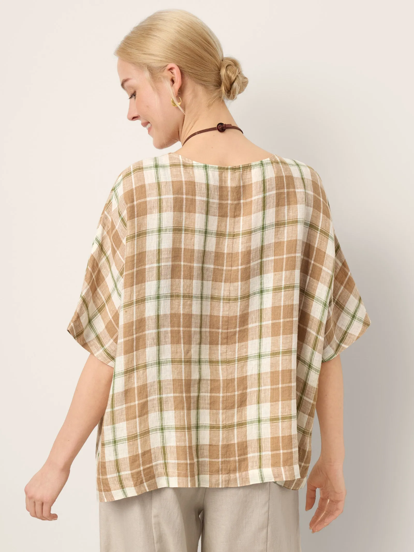 100% Linen Plaid Drop Shoulder Side Slit Top LORNA sold by Lintico product image thumbnail 5