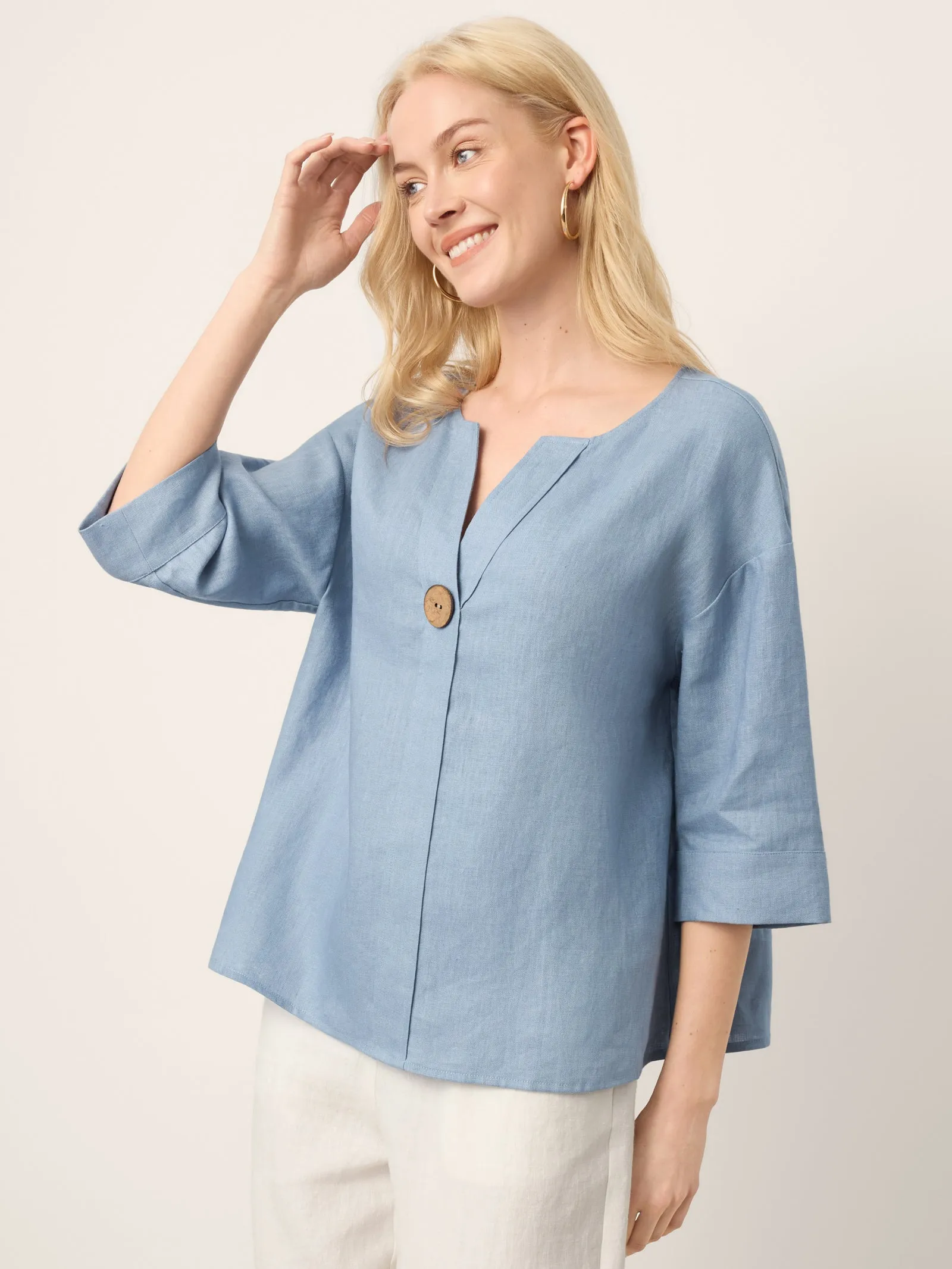 100% Linen Drop Shoulder V-Neck Statement Button Top LISARA sold by Lintico product image thumbnail 4