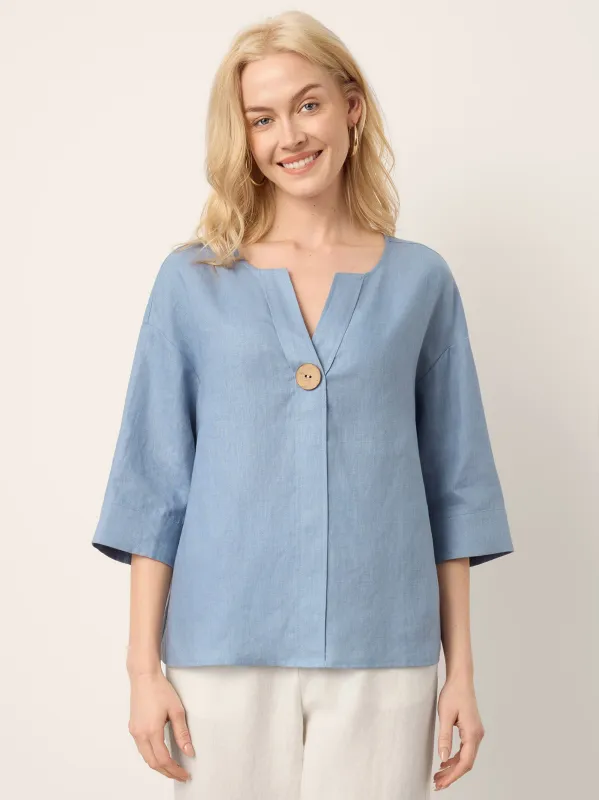 100% Linen Drop Shoulder V-Neck Statement Button Top LISARA made by Lintico