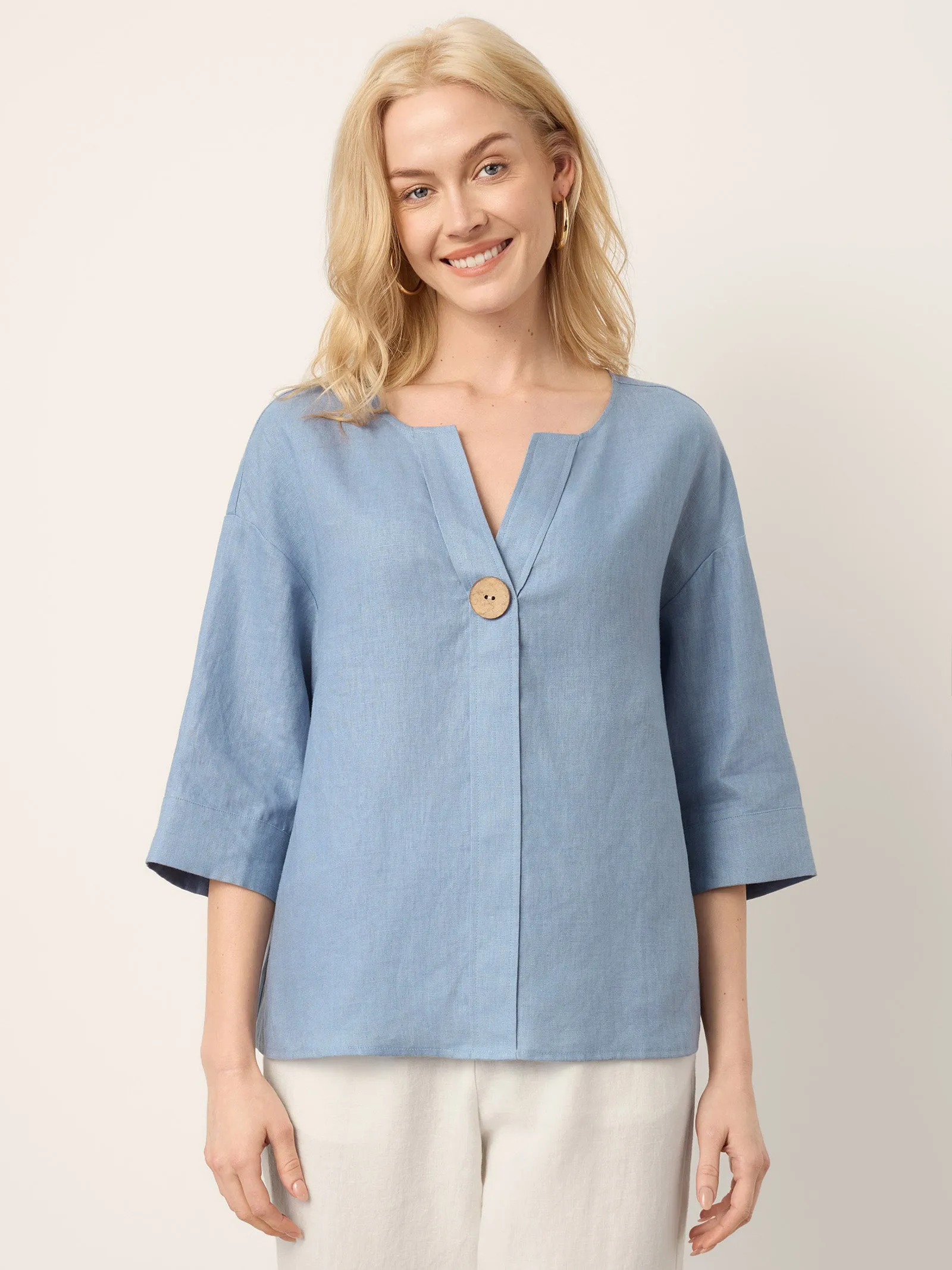 100% Linen Drop Shoulder V-Neck Statement Button Top LISARA sold by Lintico