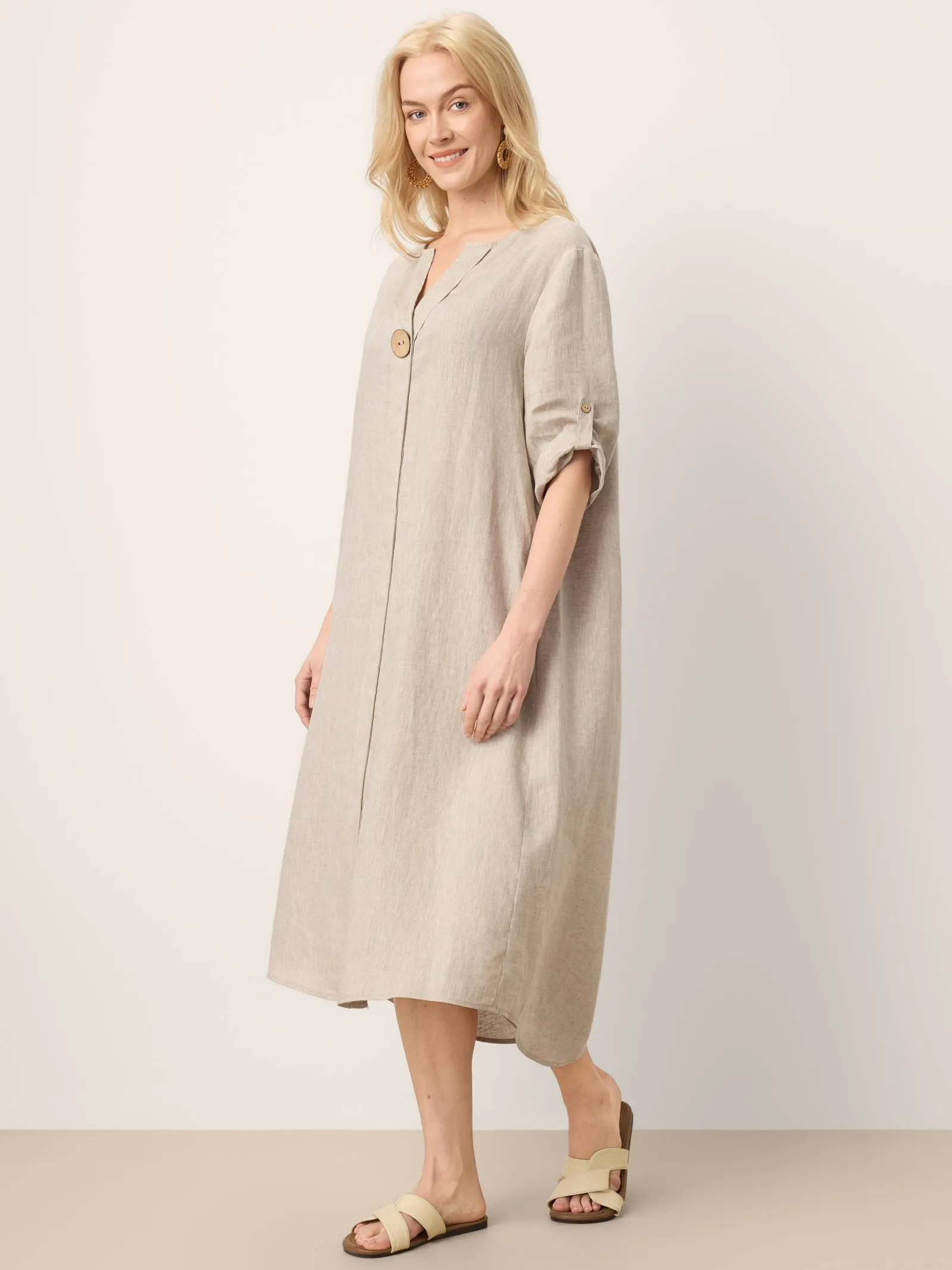 100% Linen Stand Collar V-Slit Tab Sleeve Maxi Dress LEORA sold by Lintico product image thumbnail 2
