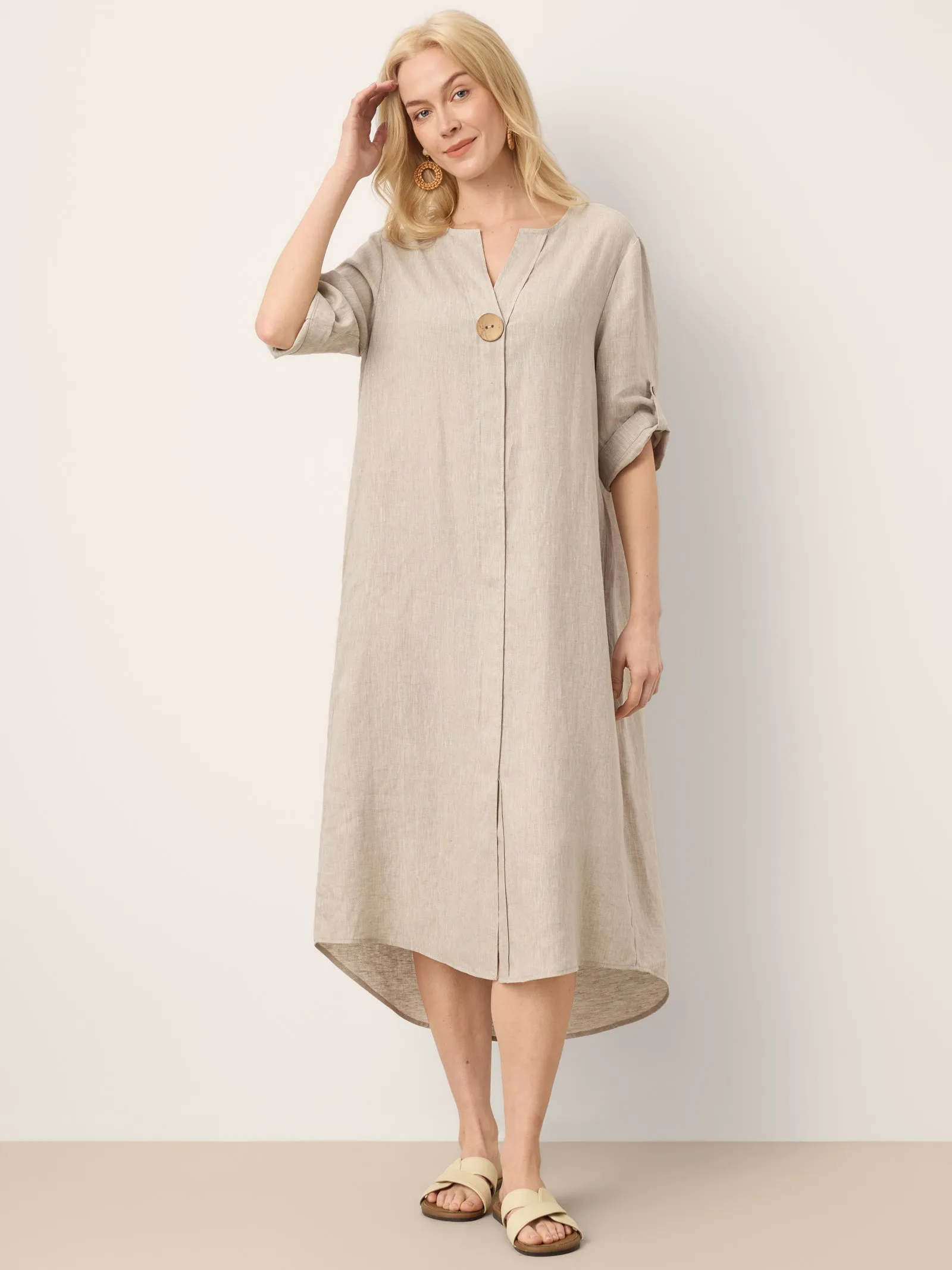 100% Linen Stand Collar V-Slit Tab Sleeve Maxi Dress LEORA sold by Lintico product image thumbnail 3