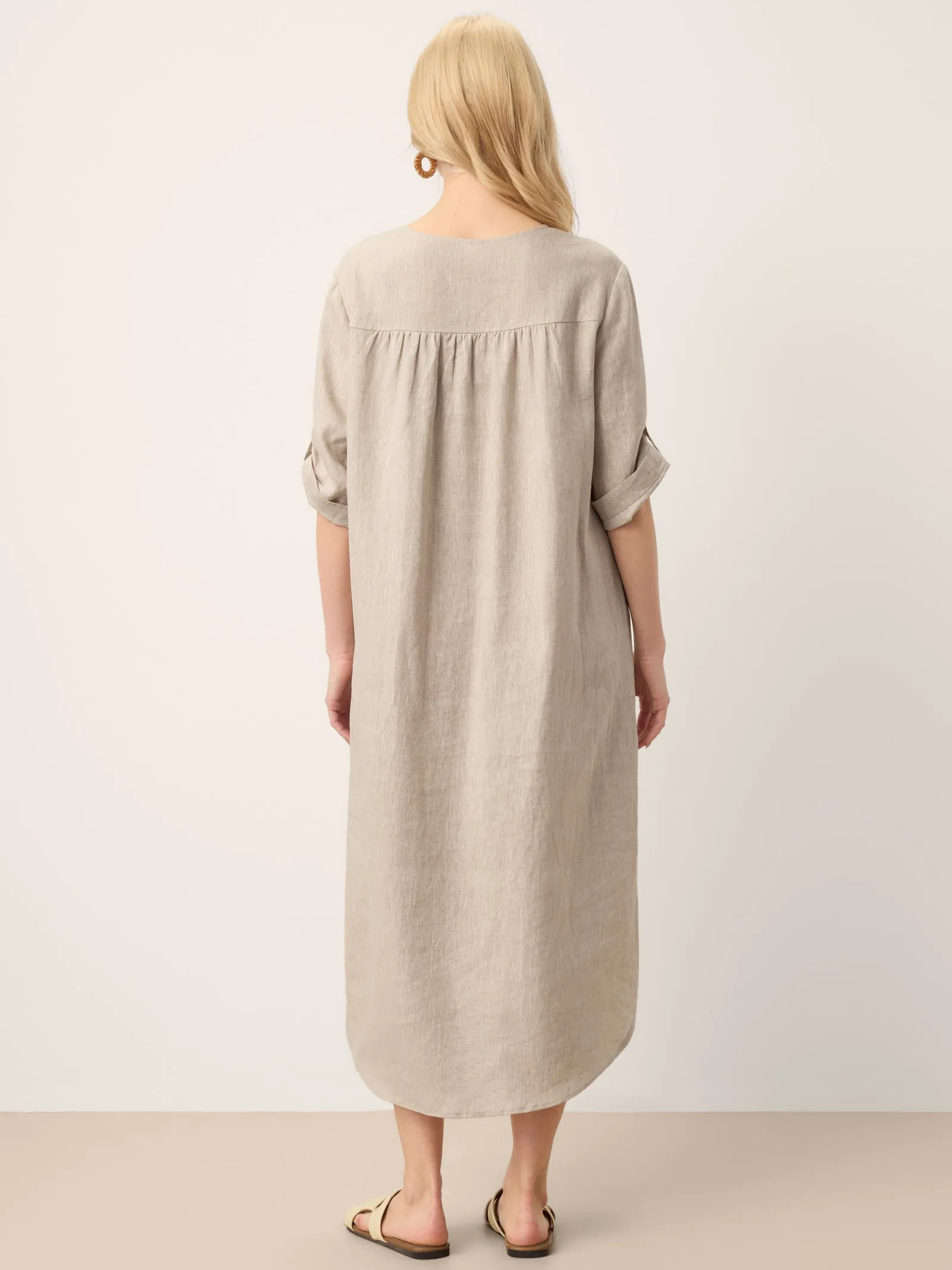 100% Linen Stand Collar V-Slit Tab Sleeve Maxi Dress LEORA sold by Lintico product image thumbnail 4