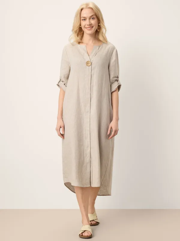 100% Linen Stand Collar V-Slit Tab Sleeve Maxi Dress LEORA sold by Lintico