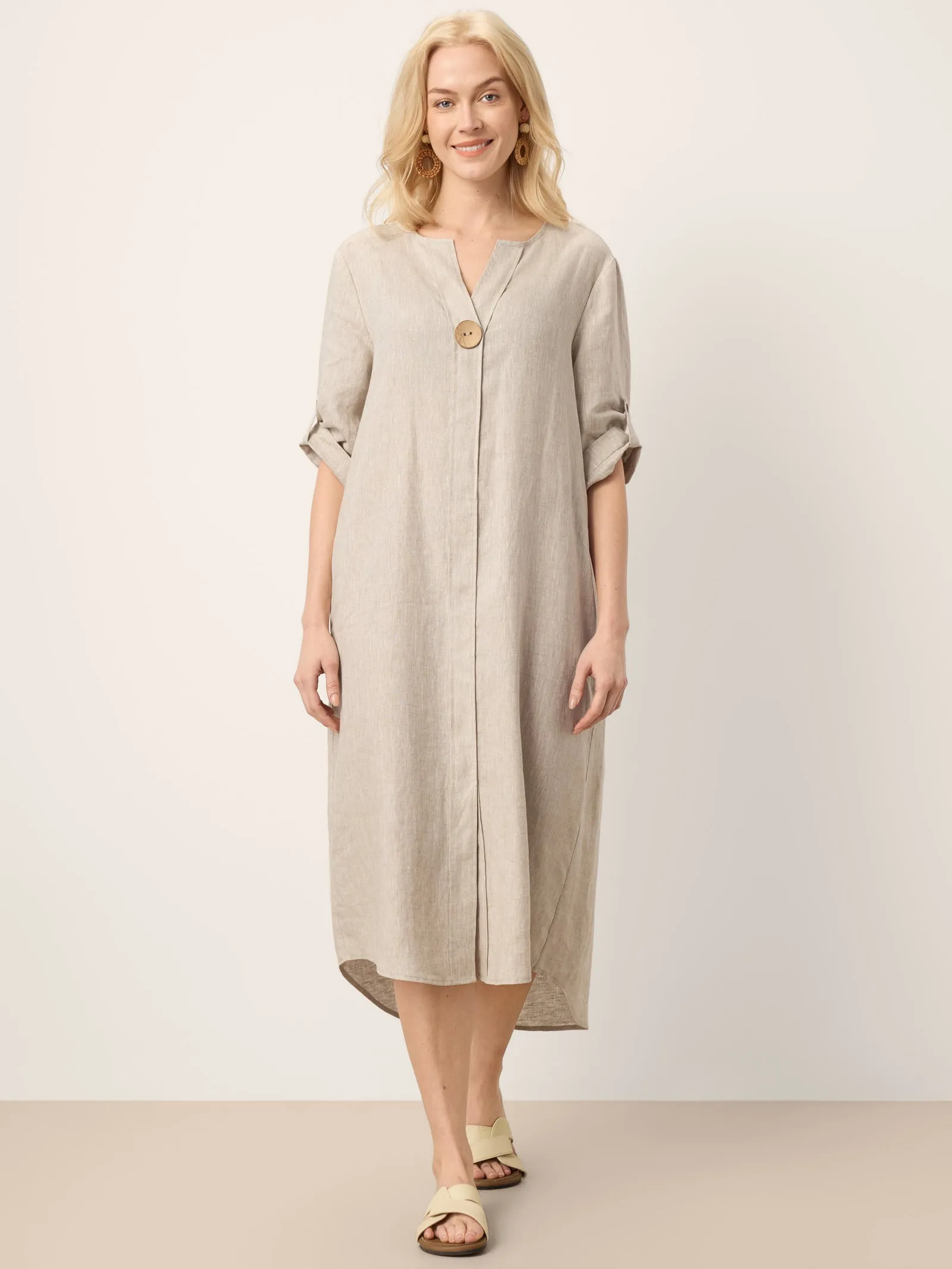 100% Linen Stand Collar V-Slit Tab Sleeve Maxi Dress LEORA sold by Lintico
