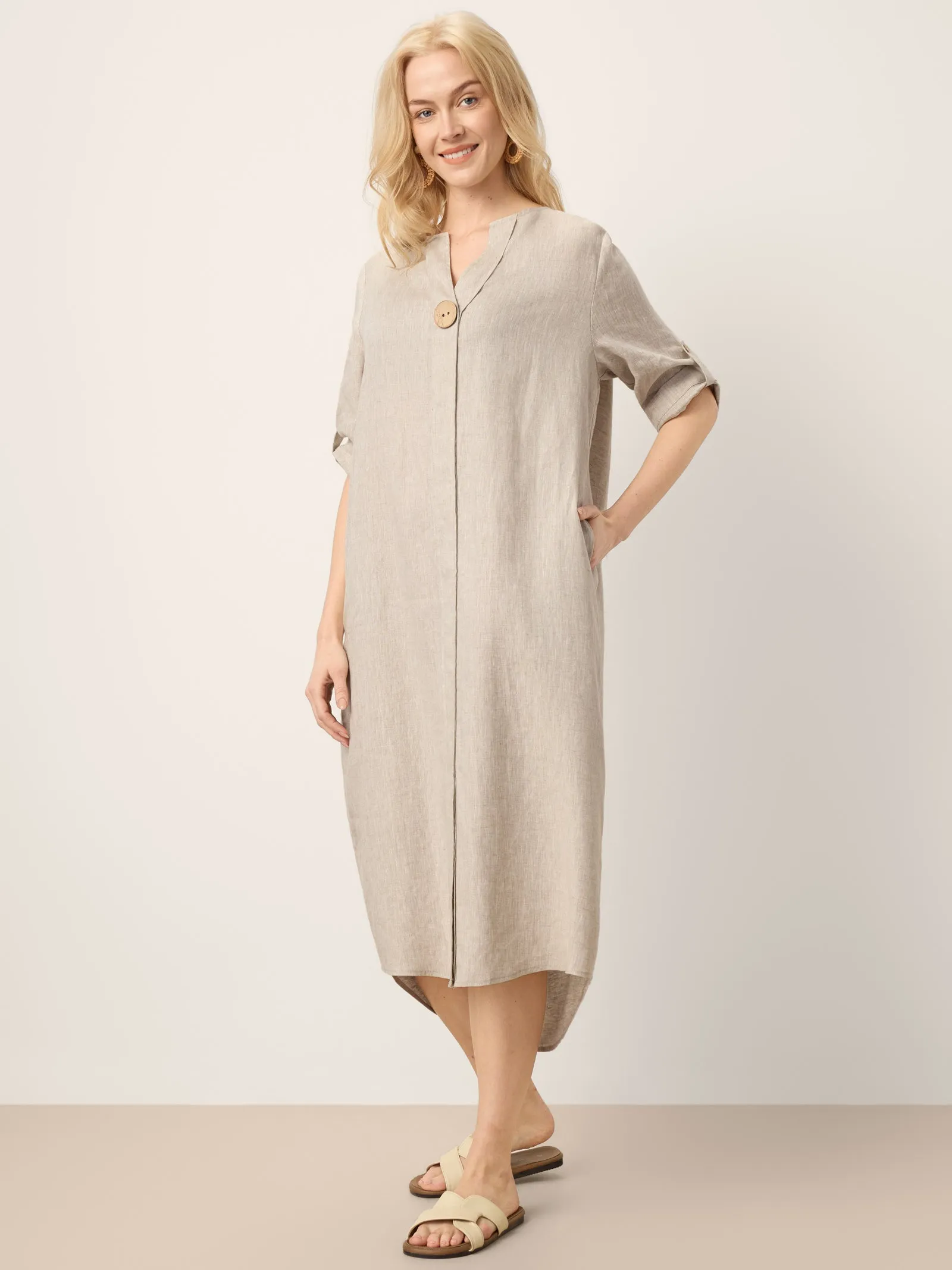 100% Linen Stand Collar V-Slit Tab Sleeve Maxi Dress LEORA sold by Lintico product image thumbnail 5