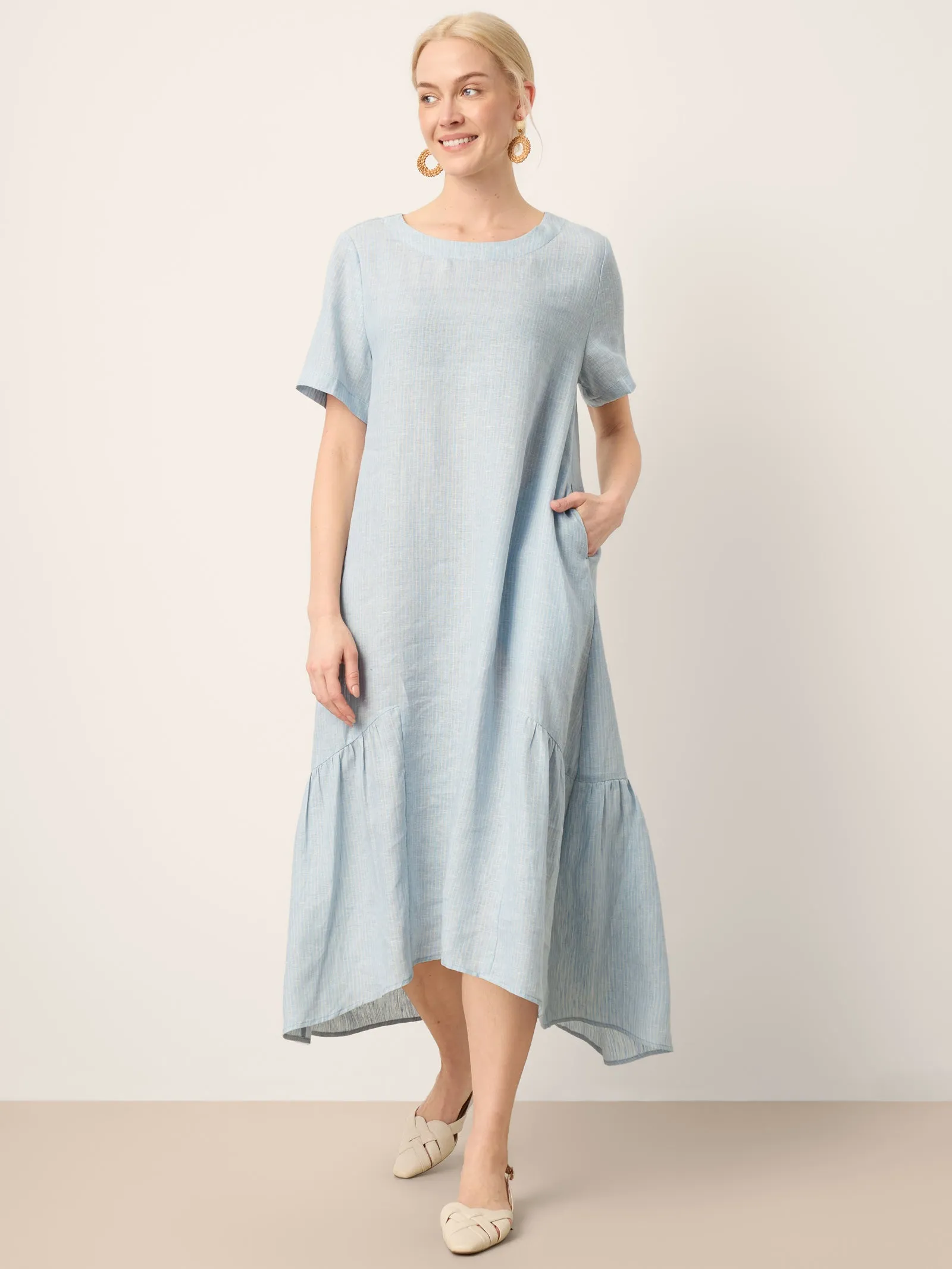 100% Linen A-Line Gathered Panel High-Low Maxi Dress LURLINE sold by Lintico