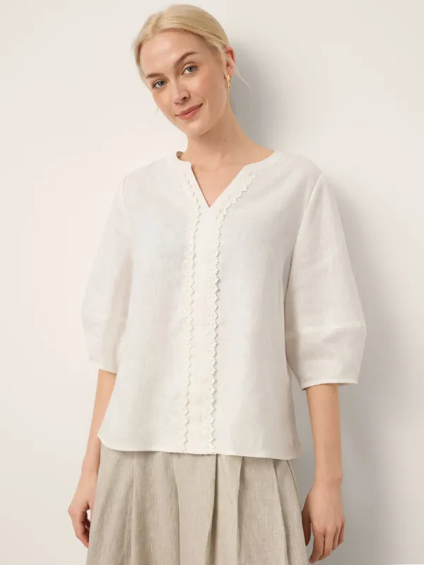 100% Linen Lace Trim Lantern Sleeve V-Neck Top LIVIAN made by Lintico