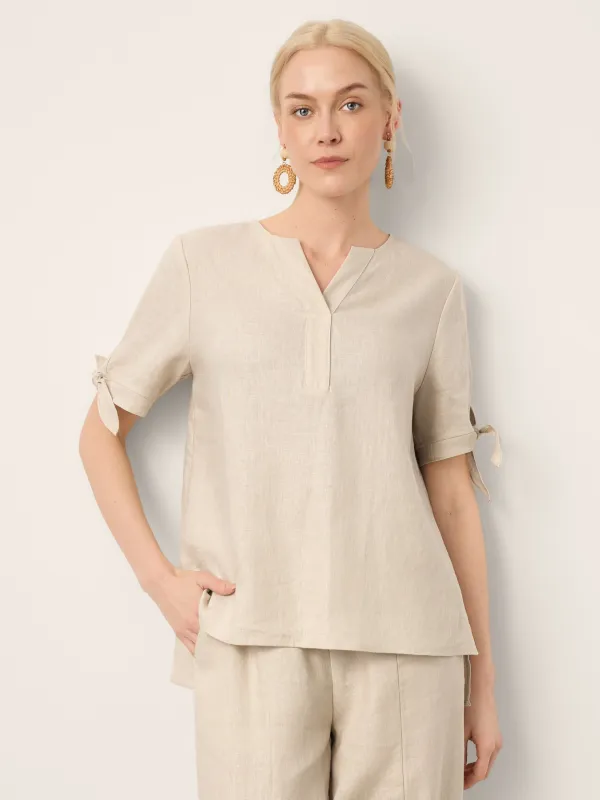 100% Linen Tie Cuff Notched V-Neck Top LORAN made by Lintico