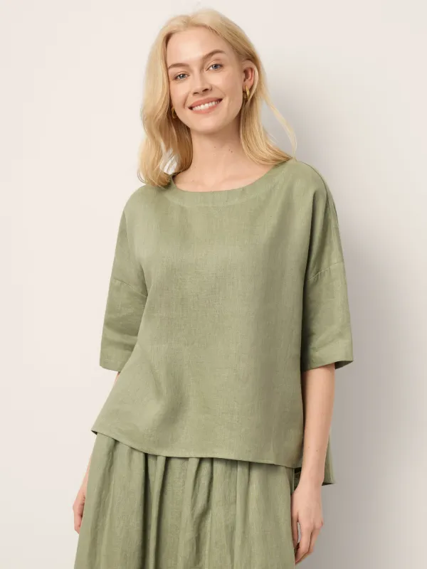 100% Linen Drop Shoulder Shirred Back High-Low Hem Top LINDSEY made by Lintico