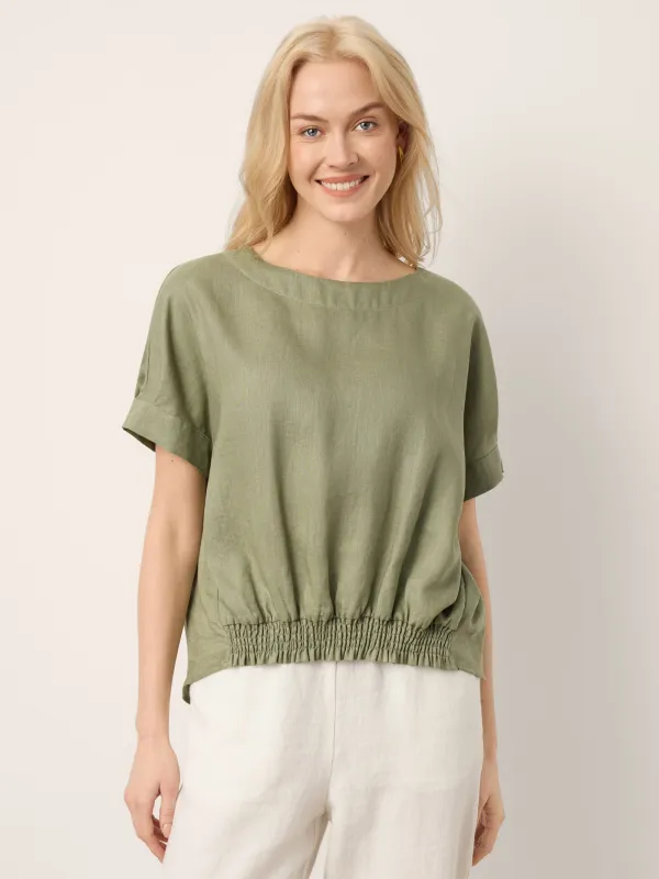 100% Linen Drop Shoulder Split-Back Double Shirred Hem Top LINDSEY made by Lintico