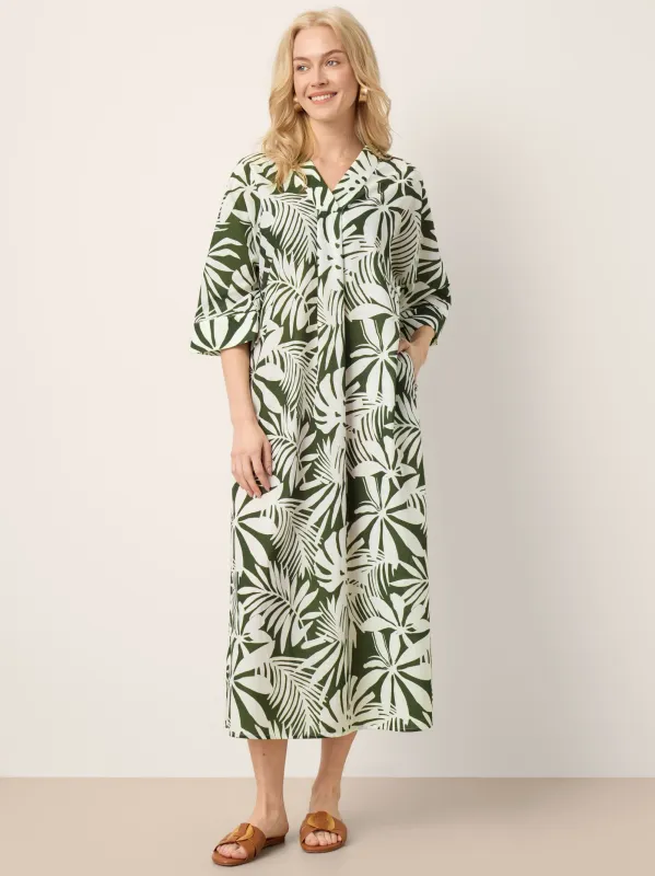 Linen Palm Print Camp Collar Relaxed Maxi Shirt Dress MINERVA sold by Lintico