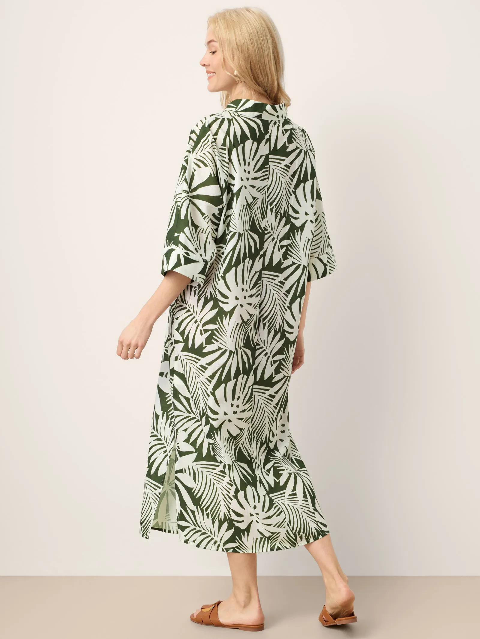 Linen Palm Print Camp Collar Relaxed Maxi Shirt Dress MINERVA sold by Lintico product image thumbnail 2