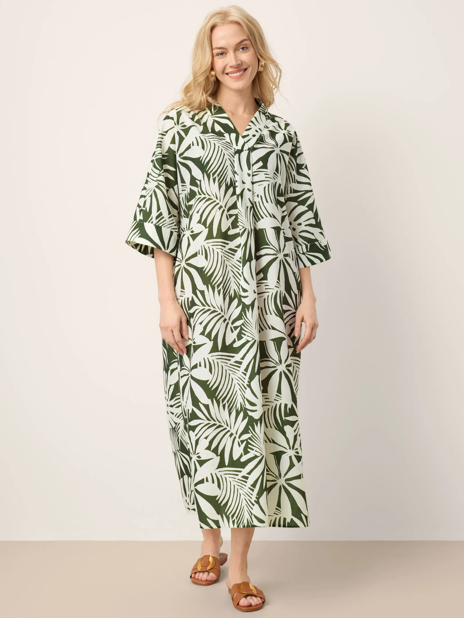Linen Palm Print Camp Collar Relaxed Maxi Shirt Dress MINERVA sold by Lintico product image thumbnail 3