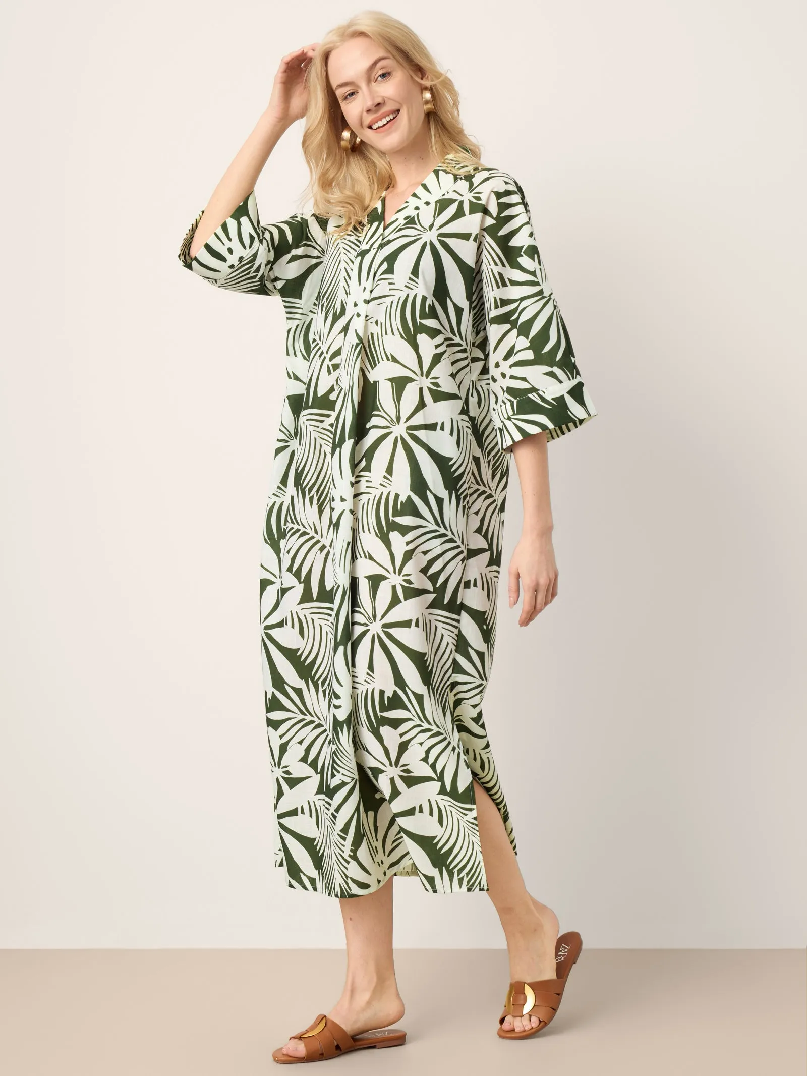 Linen Palm Print Camp Collar Relaxed Maxi Shirt Dress MINERVA sold by Lintico product image thumbnail 4