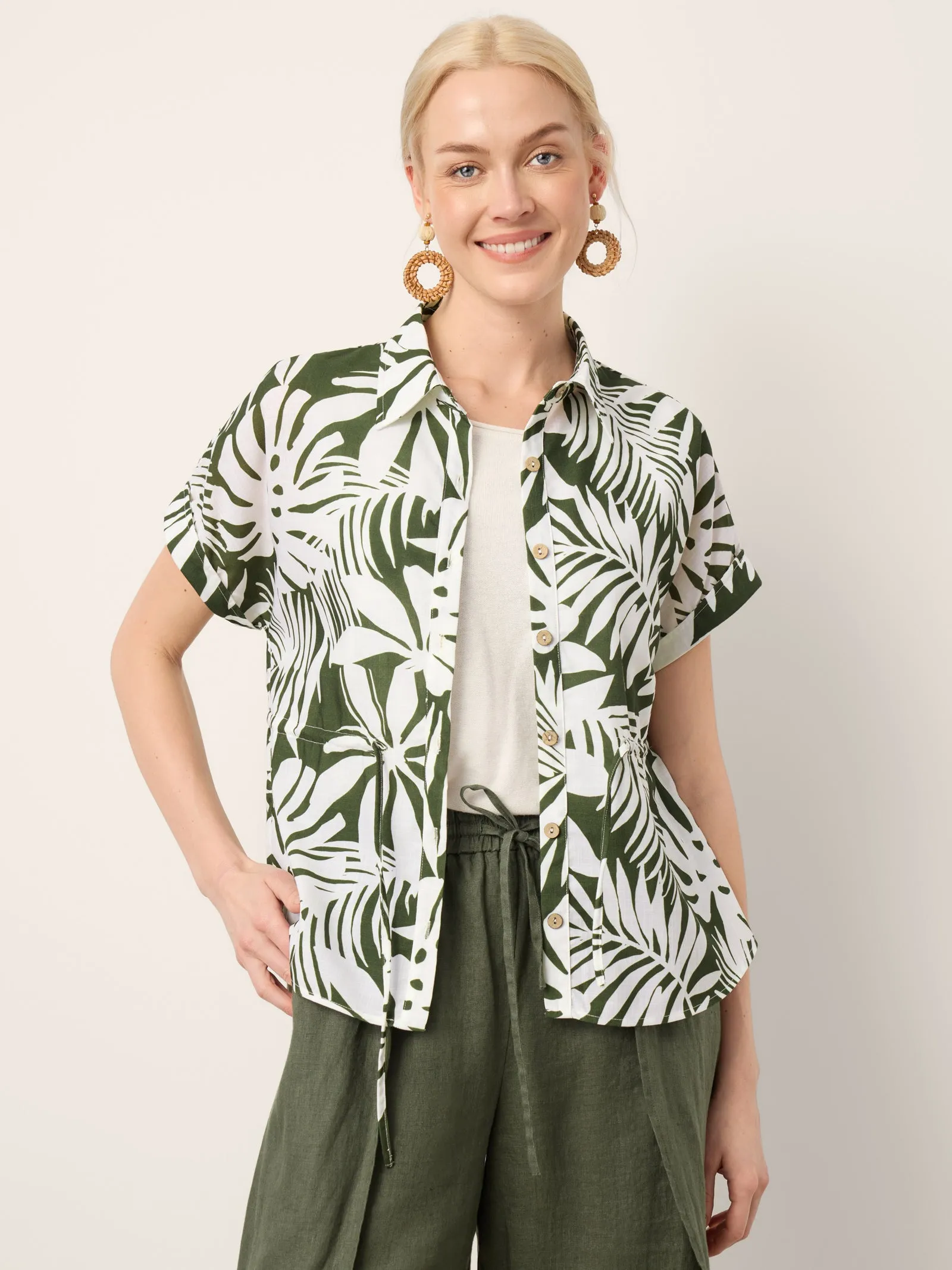 Linen Palm Print Drawstring Waist Cuffed Sleeve Shirt HILDEGARD sold by Lintico product image thumbnail 5