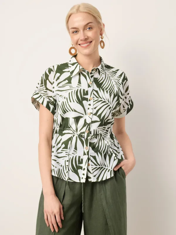 Linen Palm Print Drawstring Waist Cuffed Sleeve Shirt HILDEGARD made by Lintico