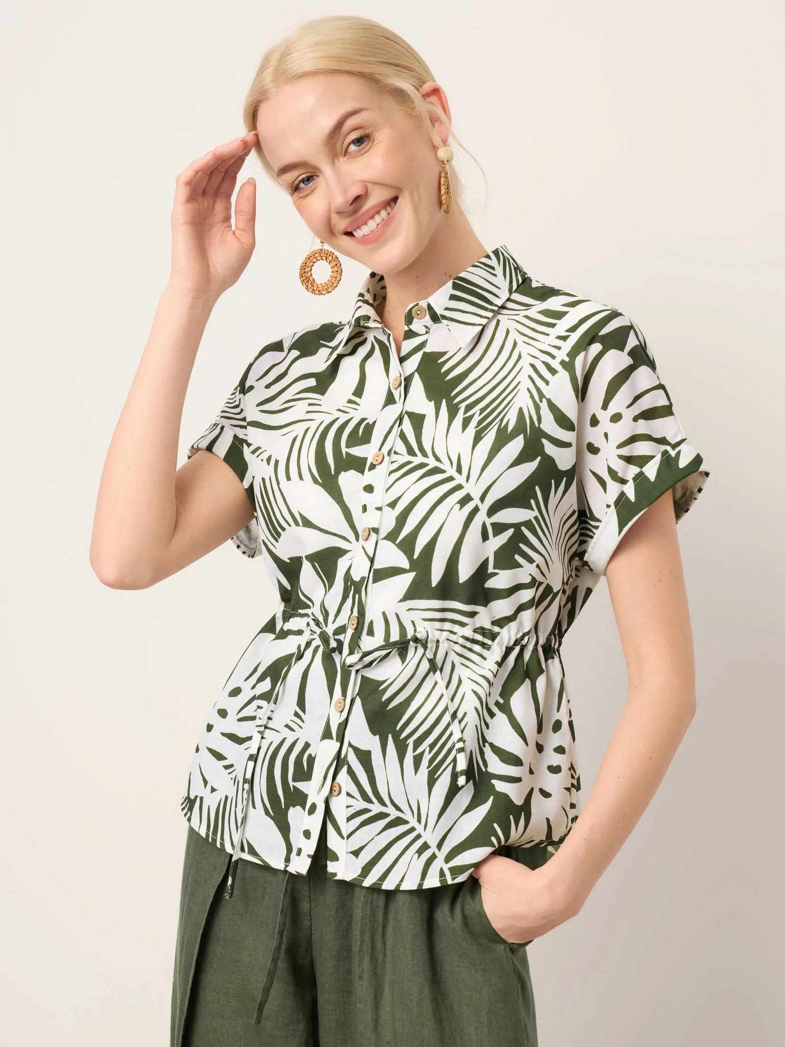 Linen Palm Print Drawstring Waist Cuffed Sleeve Shirt HILDEGARD sold by Lintico product image thumbnail 2