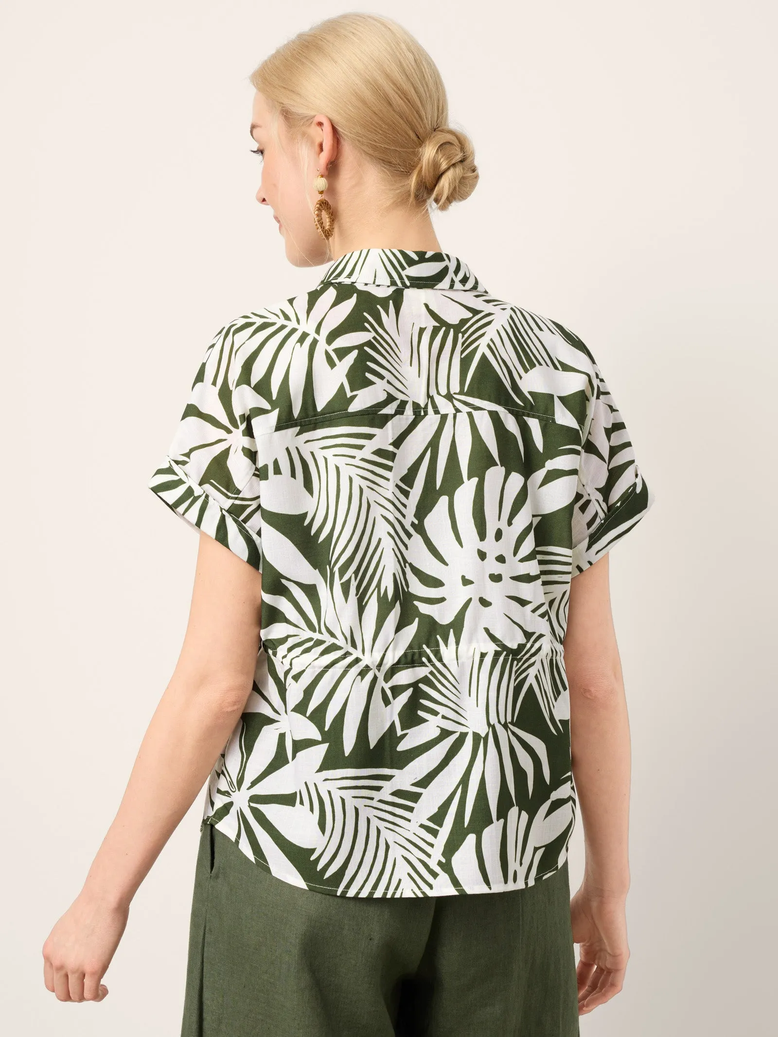 Linen Palm Print Drawstring Waist Cuffed Sleeve Shirt HILDEGARD sold by Lintico product image thumbnail 4