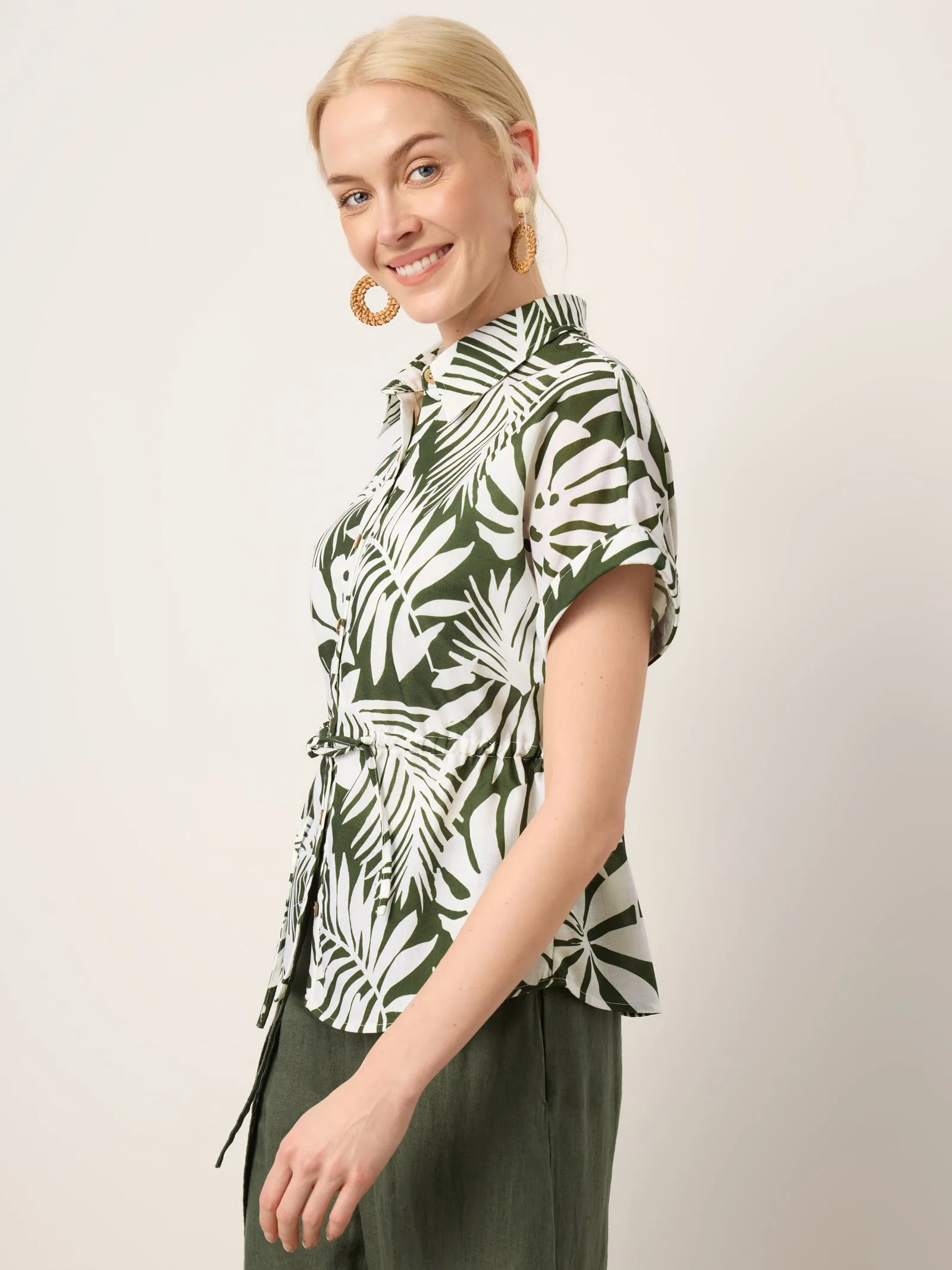 Linen Palm Print Drawstring Waist Cuffed Sleeve Shirt HILDEGARD sold by Lintico product image thumbnail 3