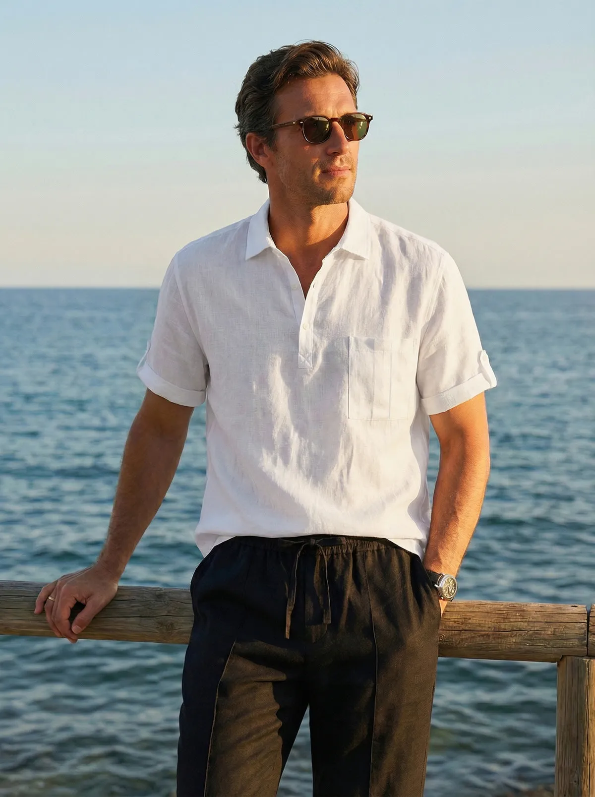 100% Linen Polo-Collar Short-Sleeve Shirt FREDERICK sold by Lintico