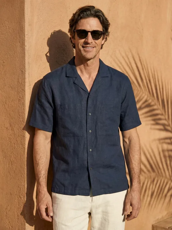 100% Linen Camp-Collar Elbow-Sleeve Shirt HENRY made by Lintico
