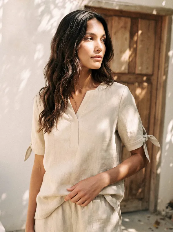 100% Linen Tie Cuff Notched V-Neck Top made by Lintico