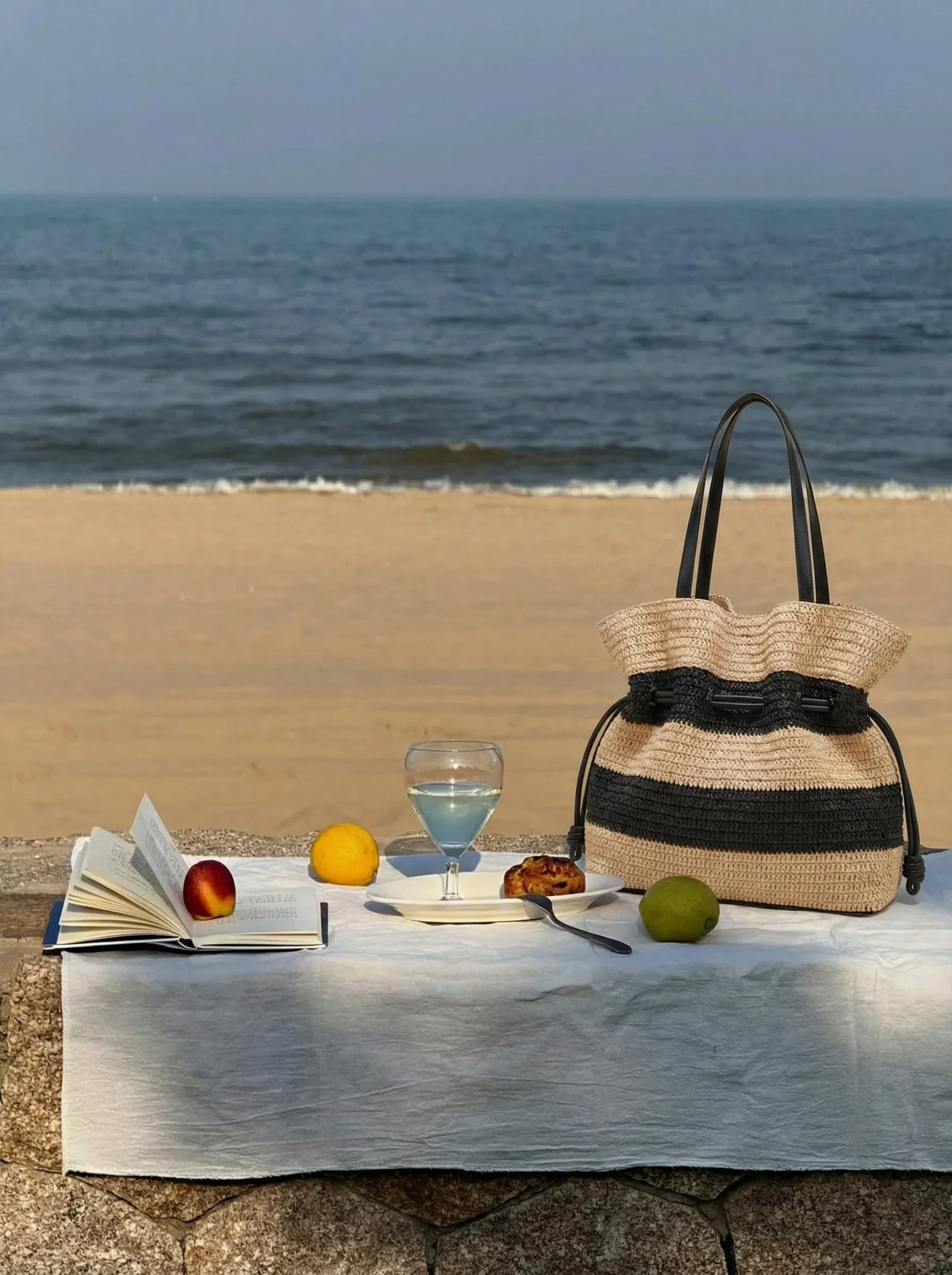 Crochet Woven Drawstring Shoulder Tote Bag sold by Lintico product image thumbnail 4