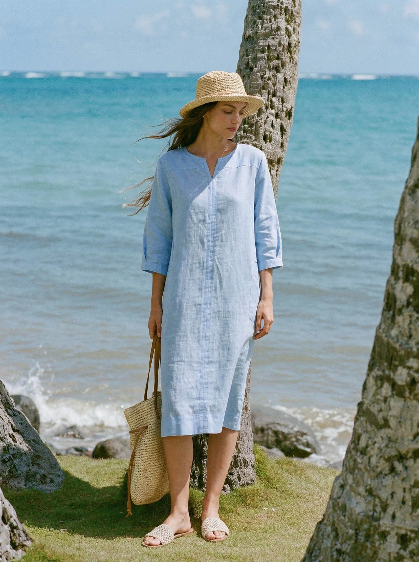 100% Linen Split-Neck Patch-Pocket Midi Dress KALINA sold by Lintico product image thumbnail 3