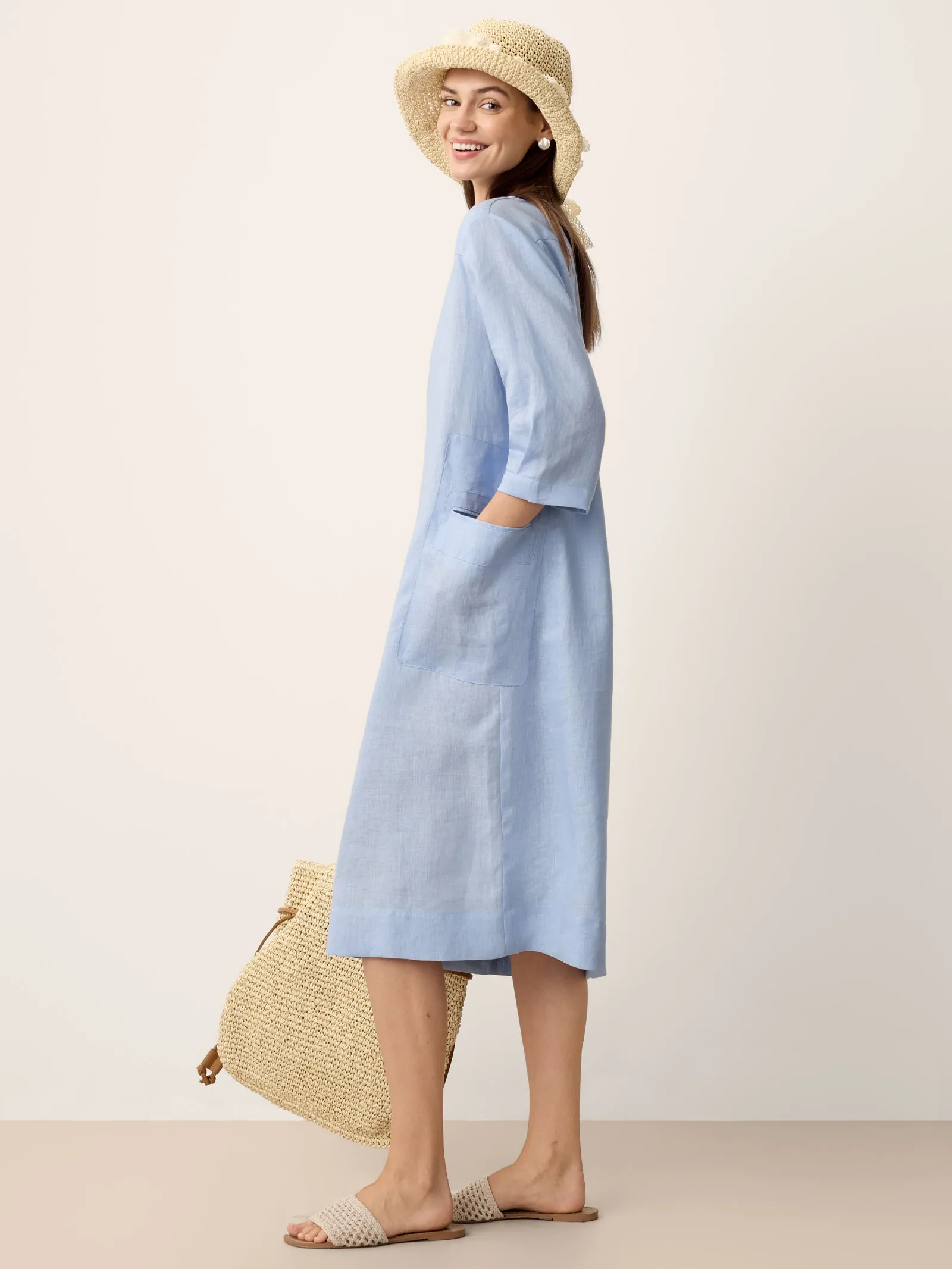 100% Linen Split-Neck Patch-Pocket Midi Dress KALINA sold by Lintico product image thumbnail 4