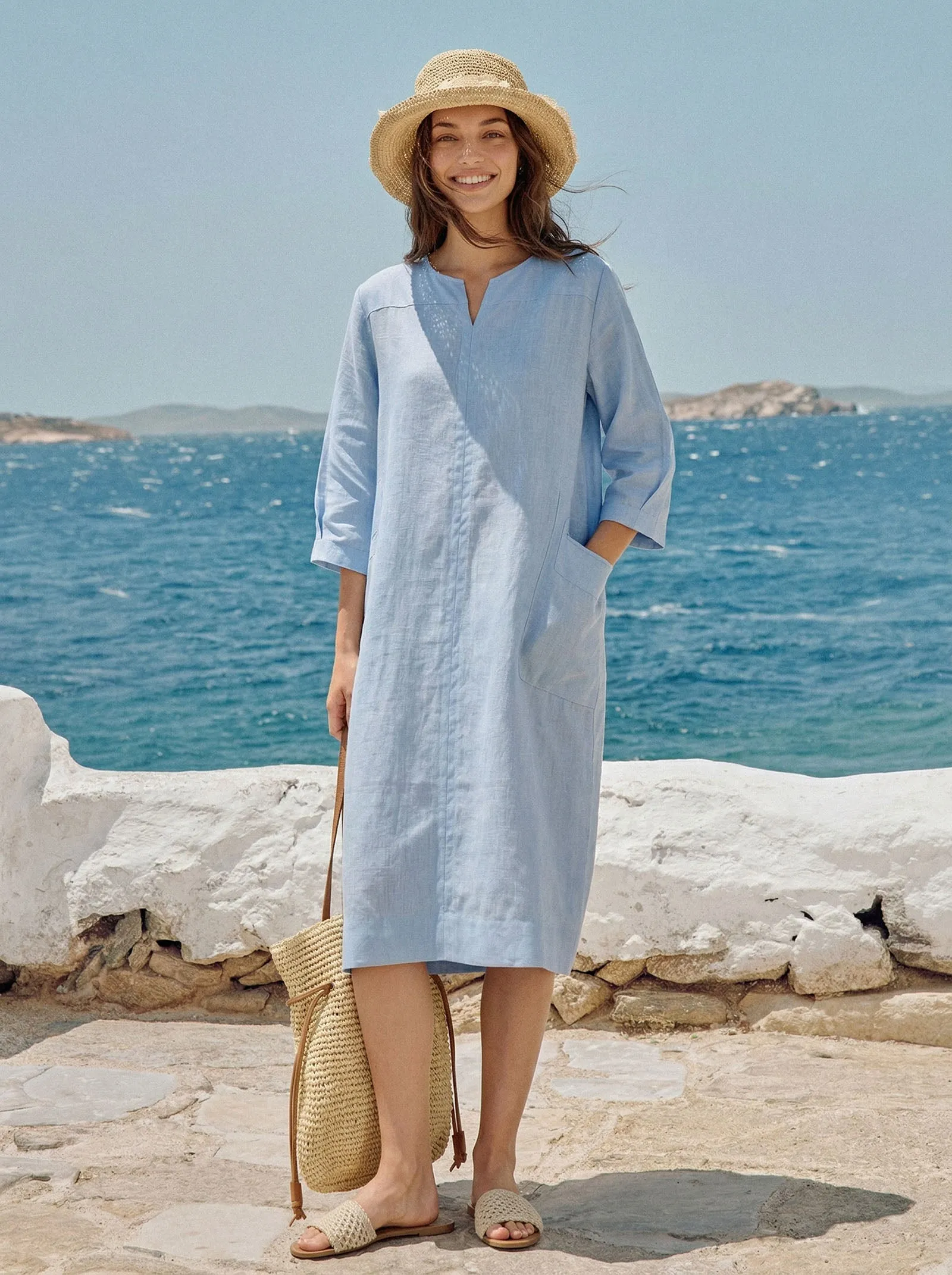 100% Linen Split-Neck Patch-Pocket Midi Dress KALINA sold by Lintico product image thumbnail 2